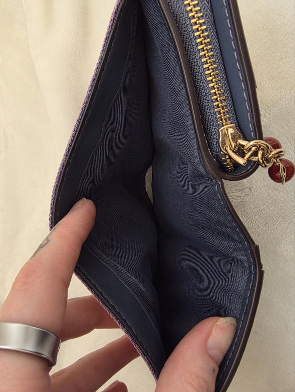 Custom Pink Washed Denim Coach Wallet | Cherry Charm Zip Around Upcycled Bag - Picture 8 of 10
